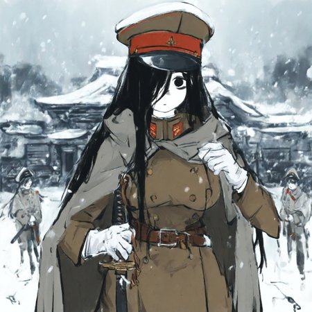 safe_pos, people,characters,style,general tags,rating,masterpiece,best quality,good quality,newest, 1girl,<lora:IJA uniform-v3IL:1>,cape,military,hat,uniform,military_uniform,white gloves,peaked_cap,military_hat,belt,IJA Taisho,IJA officer,IJA peaked cap,cloak,double breasted uniform,leather belt,khaki uniform,gloves, black hair,long hair,large breasts,holding katana,expressionless, hair over one eye,pale skin,outdoors,snow,snowing,winter,east asian architecture,japanese village, sadako yamamura, black eyes,
xiaohuoguo, masterpiece, best quality, highres, absurdres, newest, aesthetic, very awa, long hair, straight hair
