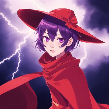 <lora:mayonoseart:1>,  mayonoseart, 


1girl, bow, dress, female focus, frills, hat, lightning, purple hair, red eyes, ribbon, shawl, short hair, solo