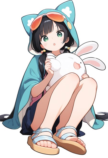 1girl, solo, long hair, looking at viewer, blush, open mouth, simple background, skirt, black hair, white background, sitting, twintails, green eyes, full body, pleated skirt, hood, feet, :o, blue skirt, legs, toes, sandals, sunglasses, stuffed toy, stuffed animal, eyewear on head, knees up, toenails, hood up, animal hood
, masterpiece, best quality, good quality,
<lora:sakurakono_noob-vpred1.0_v2_edm2_p2:1>