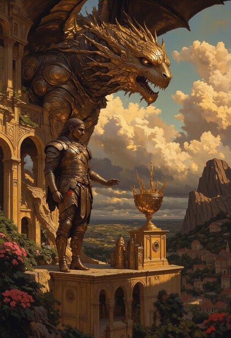 score_9, score_8_up, score_7_up, 8k high quality digital painting, masterpiece, very detailed, ultra realistic, (best quality) very detailed epic masterpiece, boris vallejo style, frank frazetta style, realistic oil painting, retro artstyle, full body, unearthly beautiful, a breathtakingly beautiful landscape, a beautiful female warrior stands aside a flying dragon-monster on a ledge, royal clothing, the setting sun casts long shadows, backlight, sunrise, enchanting landscape, fairytale-like, realistic detailed oil painting style Rembrandt style, Vermeer style, Dungeons and dragons atmosphere, heroic fantasy, realistic, realism, full body