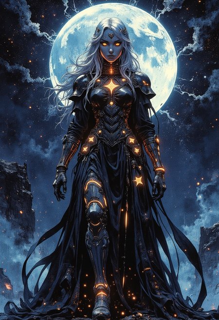 A mysterious celestial female figure standing against a star-filled cosmic background, silver-white flowing hair glowing faintly in the moonlight, her face hidden in shadows for a mysterious and ethereal effect. She is wearing a black, intricate, flowing outfit that resembles both a gown and armor, decorated with glowing golden and orange celestial motifs like stars and constellations. The outfit has metallic elements, including ornate arm and leg pieces with intricate engravings. The background features a deep, vivid night sky with a luminous blue nebula, distant stars, and a glowing moon. The character's stance is majestic and heroic, her clothing and hair flowing dramatically in the cosmic winds. High detail, sharp focus, cinematic lighting, and a dark fantasy atmosphere.