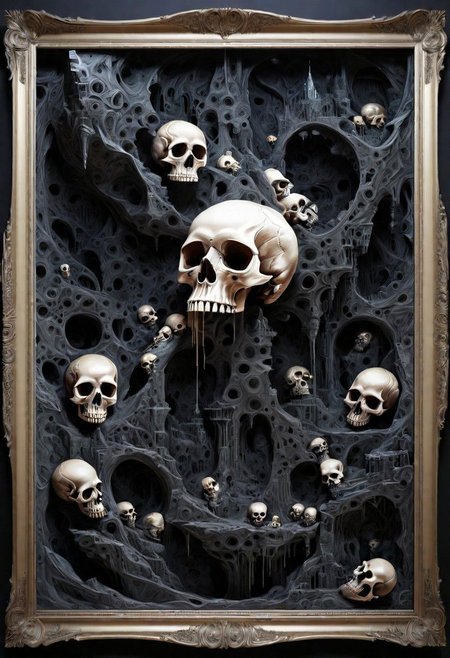skulls, in the outta realms of your mind, abstract details, distinctive visuals, Intricate, (3D Framed, Skull)