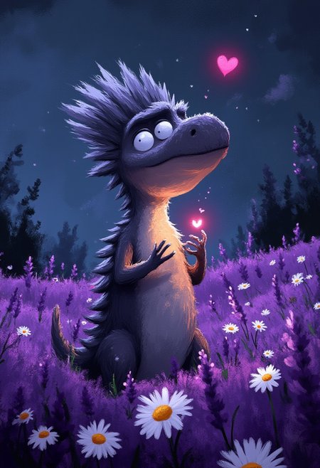 A whimsical illustration of an impossibly elongated T-Rex with a stretched accordion-like neck and tiny, delicate front arms, in dark whimsical art style, tenderly holding a small glowing heart that pulses with warm pink light between his miniature claws, digital painting with expressive brushstrokes creating texture in his rough scaly skin, standing among purple lavender fields with white and yellow daisies swaying at his feet, characteristic Tim Burton inspired design with enormous gentle silver eyes that sparkle with childlike wonder, his long body gracefully weaving through the flowers