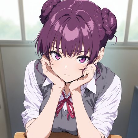 solo,looking at viewer,masterpiece,high score,great score,absurdres,<lora:Seito1_kisaku ag4o v1:1> seito1, purple hair, hair bun, purple eyes,school uniform,