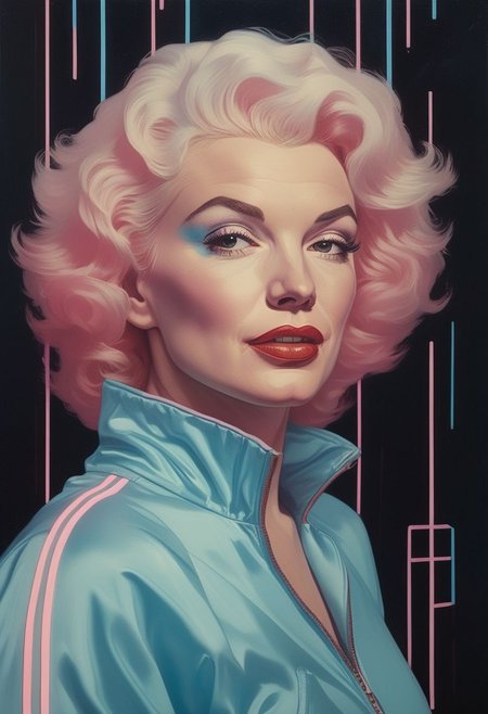 closeup portrait of Marylin Monroe wearing a 1980s style tracksuit in front of a black background with 1980s style pale blue and pale pink neon lines in the background, highly detailed, evocative, high contrast