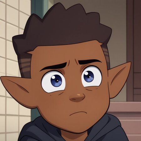 brown skin and dark brown hair with lighter shades, pointy ears, dark blue eyes,