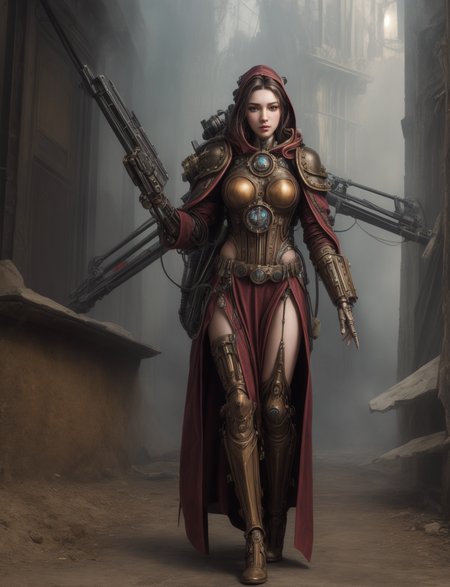 Ultra-realistic 8k CG, masterpiece, best quality, (very detailed face),masterpiece, best quality, 1girl, 20 years old, woman, colorful, (full body, wide shot),  <lora:more_details:0.8>  <lora:techpriest:0.8> mechanical arms, steampunk, hood, robe, techpriest, forgeworld, adeptus mechanicus,