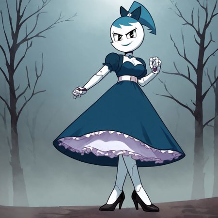 (Masterpiece, best quality:1.2), score_9, score_8_up, flat color, flat shading, soft shading, lighting, Jenny Wakeman as an adult, (((in a 1950's full length formal dark blue dress, a white belt, a fluffy frilly ruffled full white petticoat, and black high heels))), dress, layered petticoat, frilly petticoat, fluffy petticoat, full petticoat, detailed petticoat, wide skirt, detailed outfit, flowing skirt, (((long skirt))), (((solid dark blue colored dress, black high heels))), blue hair, series accurate, cute, best high quality, high res, robot, humanoid robot, (((giant breasts, cleavage))), whole body shot, 1girl, (((solo, outside, in a dark creepy forest, at night, heavy fog surrounding her, fog, heavy fog, looking at you, low angle))), (((evil, evil smile, determined evil eyes, posing gracefully and evilly))), low angle shot, cartoon, cartoon style, vector, solo, circle dress, 1950s, dance dress jenny, jenny wakeman, 1girl, solo, robot joints, black eyes, white skin, ponytail, hair bow, blue rose chest corsage, poofy dress, blue hair, flat lighting,