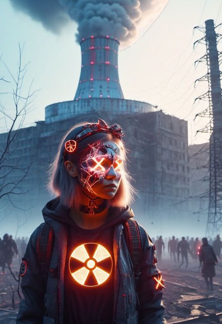 4D render, Chernobyl disaster, nuclear ,  Apocalypse,girl, detailed face, portrait, glowing x, minimalist outfit, anti social , ,cyberpunkartstyle,ruined ancient city,Professional styling, intricate details,8k post production, faithful, Religious denomination,
