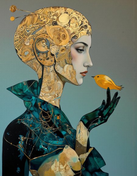A modern painting abstract style by Victor Tkachenko.  A painting featuring a surreal, abstract portrait of an ethereal minimalist Alien race cybergoth fashion photography painting, in the style of teal and gold, use of palette knives, waist-high portrait, intricate, sharp focus, concept art, background zentangle fog,