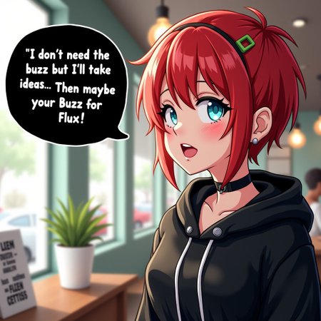the words in a black word bubble with white text saying. I dont need the buzz but I'll take some ideas... Then maybe your Buzz for Flux. 
female with blue eyes red hair undercut hairstyle wearing a spike collar black hoodie. She is looking out a window in a coffee shop.