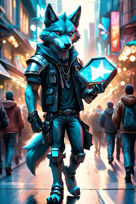 Detailed digital illustration of an anthro Wolf (Holding a prop confidently) at a Holographic news feeds in crowded streets, <lora:xl_more_art-full_v1:0.5>,  <lora:anthro_muscular:0.7>,  <lora:MJ52:0.6>, <lora:madpunk:0.4> madpunk