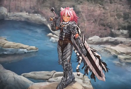 masterpiece, very aesthetic, anime screenshot, 1girl, Pink_PonyXL, DragonSlayerSword-Il.V1.0, white tiger striped armor, white tiger striped shoulder armor, gauntlets, greaves, bandaged arm, white tiger striped cape, torn cape, bright pink hair, cat ears, scar on nose, cat bell around neck, tanned, white tiger tail, small breasts, femine body, smiling, making a cute cat face, single fanged tooth showing, standing, looking at viewer, side view, wielding-dragonslayer, huge weapon, sword, holding sword, holding weapon, full body, zoomed in on pink_ponyxl, Dutch angle, cowboy shot 
Break
Hyilian lake, bright and sunny,