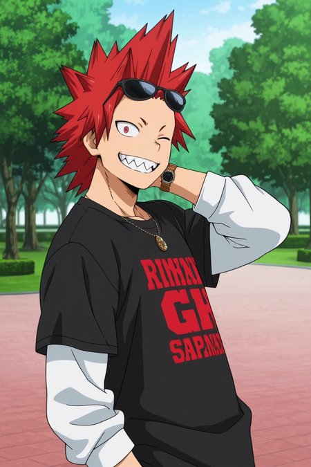 <lora:KiriIllustrious:0.8>, 1boy, solo, Kirishima Eijirou, Red hair, Spiked hair, Red eyes, t shirt, long sleeves, black shirt, white sleeves, standing, outdoors, park, necklace, watch, sunglasses on head,  upper body, looking at viewer, smile, sharp teeth, one eye closed, cinematic, side view, hand behind head,  official art, official style, anime screencap, masterpiece,best quality,amazing quality,