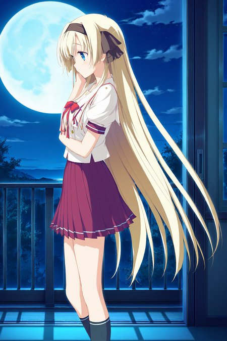 masterpiece,best quality,good quality,rating safe,memoriakosame, hisakaki_kosame, 1girl, solo, long hair, very long hair, blonde hair, blue eyes, hairband, very long hair, school uniform, skirt, socks,game cg,,moonlight,ourdoor,standing,looking at the moon,from side,upper body