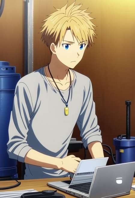 high resolution, solo, best quality, 1Boy, Yamato Ishida, Blond Hair, Blue Eyes, Necklace, worker, working, workstation, concentration, focus, laptop, OverallDetail