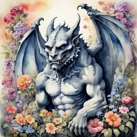 high detail, high quality, masterpiece, epic composition, watercolor on old paper, gargoyle creature amongst flowers