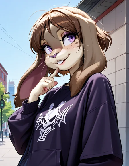 masterpiece, best quality, very aesthetic, absurdres,
outdoors, streetwear,  
upper body, posing, standing, 
seductive smile, parted lips, long eyelashes,
<lora:Nicole_Meadowsong_v01_NAIXL:1>
N1c013,1girl,solo,furry,furry female,rabbit girl,brown hair,short hair,rabbit ears,purple eyes,snout,animal nose,whiskers,buck teeth,body fur,two tone fur,brown fur,grey fur,