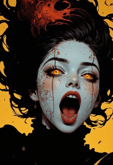 A cinematic extreme close-up of assassinmihq reimagined as a terrifying japanese witch. Her mouth is wide open in a menacing scream, revealing sharp, jagged teeth, as poison Cloud breath escapes into the eerie air. Her translucent skin glows faintly, as if made of magic, with intricate patterns glistening across her face. Her wide, glowing eyes exude both beauty and terror, contrasting with the eerie perfection of her Ethereal form. Backlighting creates a dramatic, atmospheric glow, illuminating the snowflakes swirling in the air and emphasizing the sharp edges of her charming visage. The scene is chilling, intense, and hauntingly beautiful.