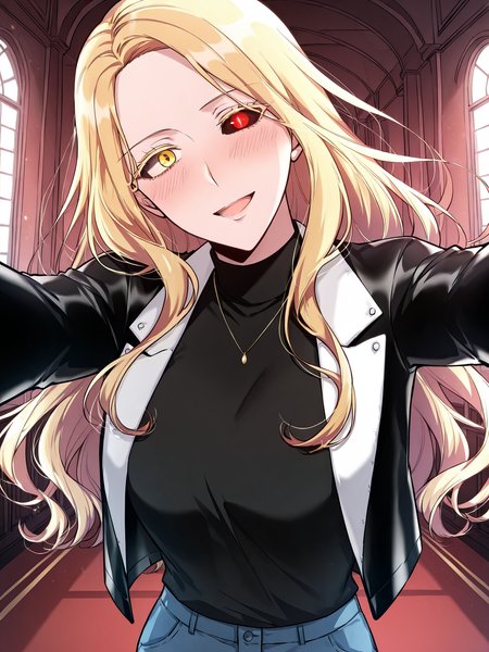 <lora:Omniscient_Readers_Viewpoint__Anna_Croft (1):1>
1girl, solo, long hair, wavy hair, blonde hair, side part, heterochromia, yellow right eye, red left eye, black sclera (left eye),
black turtleneck, black jacket, fitted jacket, long sleeve, modern outfit, blue jeans, belt, sneakers, necklace, pendant,
score_9, score_8_up, score_7_up, score_6_up, source_anime, rating_explicit, 1girl, solo, smile, embarrassed, alcalose eyes, open mouth, mansion, indoors, looking at viewer, outstretched arms, pov, close-up, (head tilt:1.2)