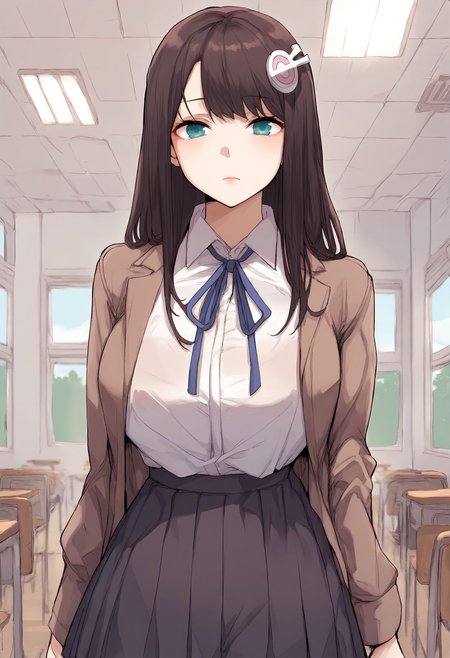 score_9, score_8_up, score_7_up, score_6_up, source_anime, rating_explicit, 1girl, solo, huge breasts, <lora:Park Jung-Ah prefectPonyxl:0.85>long hair, brown hair, hair ornament, blue eyes, black hair, sidelocks, aqua eyes, green eyes, school uniform, blue ribbon, neck ribbon, brown jacket, white shirt, collared shirt, long sleeves, black skirt, pleated skirt, expressionless, classroom, indoors, looking at viewer