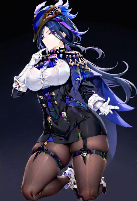 clorinde \(genshin impact\), 
white gloves, tricorne, black pantyhose, pencil skirt, black jacket, fold-over boots, ascot, thigh strap, white shirt, underbust, blue cape
masterpiece, best quality, very aesthetic, absurdres, 1milf, 1adult, solo, full_body, tachi-e,