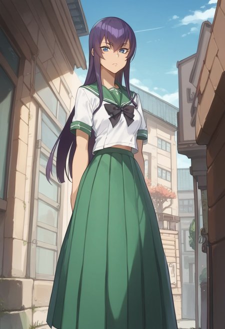 score_9, score_8_up, score_7_up, saeko_busujima, purple hair,  blue eyes, long hair, hair between eyes, school uniform, serafuku, green skirt, long skirt, pleated skirt, black bowtie,