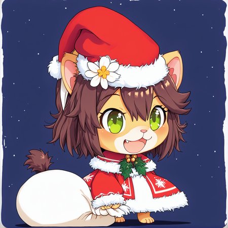 padoru <lora:padoru-IL-1.0:1>, masterpiece, perfect quality, best quality, anime coloring, 1girl, solo, padorumeme, padoru, simple dark blue background, Keiko, 1girl, solo, brown hair, furry female, green eyes, smile, animal ears, tail, animal nose, hairband, hair ornament, hair flower, body fur, short hair, bangs, lion ears,  <lora:Keiko_v03_PDXL:1>, christmas hat, score_9, score_8_up, score_7_up, score_6_up, score_5_up, score_4_up,