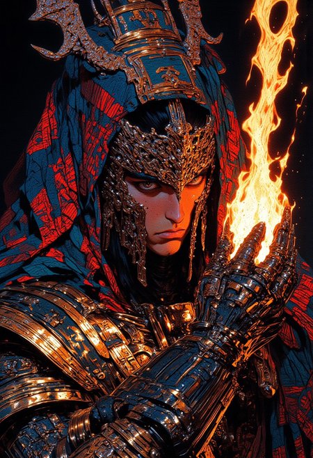 A hyper-realistic portrait of a Chinese woman with a sleek bowl cut and thick lips, her expression stoic and hauntingly calm. She wears a surreal high-neck oversized top adorned with vibrant Aztec patterns, the intricate designs pulsating with electric shades of cobalt blue, crimson red, and fluorescent yellow. A striking black Aztec tattoo wraps around her face like a ceremonial band, one strip extending from her chin to the base of her scarf and another from her left ear to her right ear, each etched with hypnotic geometric patterns. The background features a massive, oversized scarf, appearing mid-fall, its cascading folds painted with a similar Aztec motif in muted black and white, creating a stark contrast. In her left hand, she holds a lit matchstick close to her face, the flame leaping and spreading in surreal tendrils across her cheek, casting ethereal shadows. Her right arm is entirely metallic, its polished surface reflecting the vibrant surroundings as it extends forward in a commanding hand gesture, symbolizing a powerful "stop," as if breaking the barrier between her world and the viewer’s. The cinematic lighting enhances every detail, illuminating the metallic sheen of her arm, the vibrant patterns on her attire, and the fiery streaks across her face. The atmosphere is one of profound surrealism, blending cultural motifs with futuristic elegance.