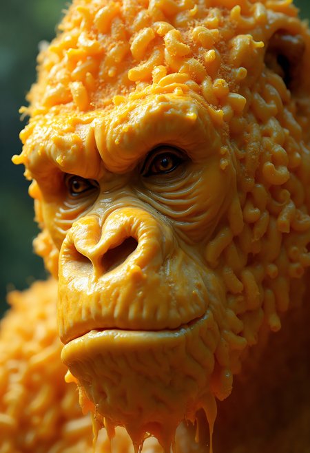 (Melted orange skin:3), skin made of cheese, only cheese textured skin, oily cheese, oil dripping, Close-up portrait of a mac and cheese massive gorilla made entirely of rich, creamy, cheesy mac & cheese, all of the skin is made of orange and yellow melted macaroni and cheese, beautiful twinkling cheese eyes with incredible detail and reflective lighting, ear is made of mac and cheese, cheese is dripping from his nostrils and oozing out of his mouth, his eye sockets are made of wrinkles of crusted bread crumbs, focus on intense expression and intricate cheesy details, his reflective eyes looking directly at camera in a wildlife style photograph, eye sockets are yellow and made of cheese, face and forehead is composed of large gooey scoops of moist cheesy macaroni, each noodle coated in glossy golden cheddar cheese sauce, oily cheese glistening under soft natural light, reflections emphasizing moist creamy wet texture, cheesy oil dripping from face in the melty heat, the top of his head has a small mac and cheese bread crumb topping,  melancholic yet powerful expression, delicious cheesy composition, sliced hot dogs are embedded into the cheese and macaroni and are dripping with oil and reflecting in the light, furrowed brow with melted oily cheese pooling in creases, nose dense mound of macaroni, shiny wet oily appearance, mouth slightly open with thick strand of gooey dripping cheese oozing like saliva, crown of crispy breadcrumbs on top of head, soft melting oily cheese cascading down sides like fur, tiny droplets of cheese sauce in "fur," soft blurred background, hints of ancient ruins in lush rainforest, dappled light filtering through canopy, natural warm lighting reflecting off moist wet cheesy oily textures, incredibly real and deliciously surreal, imposing presence, rich creamy oily textures