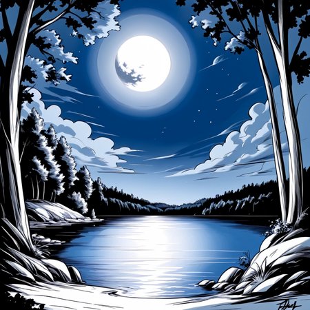 <lora:Azure_Sketch_Illustration:1>   ArsMJStyle, AzureSketch, moonlit lake, A black and white drawing of a lake with a full moon in the background., tree, sky, no humans, cloud, nature, scenery, moon, outdoors, water, forest, blue theme, monochrome