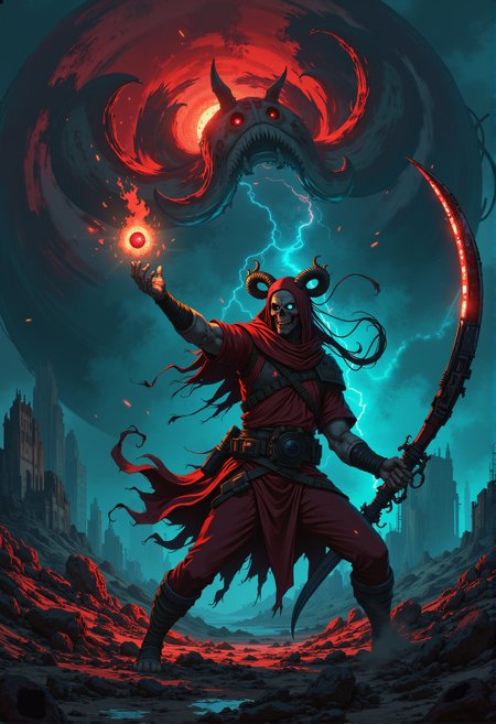 <lora:ck-ghost-reaper:0.9>, This is a digital artwork in the style of ckgr,
wabi sabi character portrait, the psyche lsd dream, a character out of reality from a distant hell invading earth, holding a round explosive handgranade in their hand ready to throw, in the other hand their holding a giant bloody scythe, glowing bioluminecent,