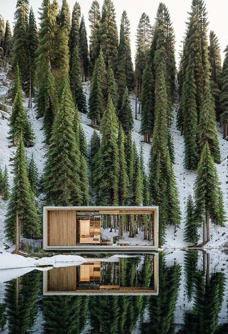 A rectangular cabin on snowy hills, beside an artificial lake, surrounded by a pine tree forest.