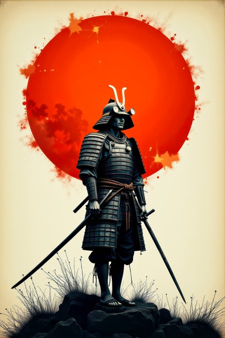 A minimal Anthotype print of the last weary samurai standing after an intense battle.   He wears no armor nor any helmet. He holds his sword in hand.  He is battered, bruised, and bleeds from several minor wounds.  He is weary, disgusted, disheartened, and saddened at the lives that were lost.  A prominent orange rising sun dominates the background.  This is a full frame body shot, from head to feet, providing a environmental wide angle view of the entire body.  intricate details, masterpiece, best quality.  Soft volumetric lighting.  <flux_realism_lora:0.42> <FluxDFaeTasticDetails:0.36> <BaroqueColorful:0.48>