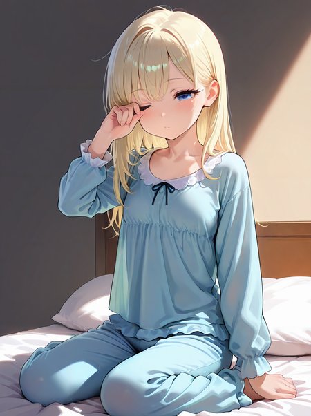 masterpiece,amazing quality,best quality,ultra-detailed,8K,illustration,CG,shiny hair,clear skin,ultra-detailed-eyes,simple background,cute girl, eyelashes <lora:rubbing eyes_illustrious_V1.0:1> rubbing eyes, one eye closed, <lora:pajamas_illustrious_V1.0:0.7> pajamas, long sleeves, pants,moring,on bed,wariza