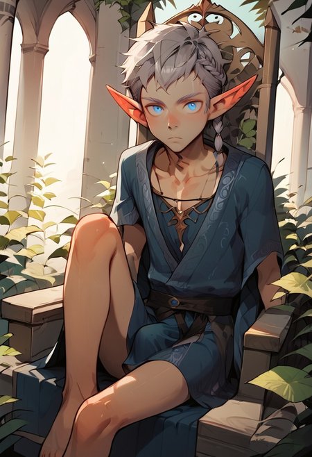 score_9, score_8_up, score_7_up, ultra detailed, anime_source,amazing quality, best aesthetic,
flat color,HD32k, Uncensored  ,BREAK,
1boy,solo,male focus,thin body,fair skin , Novice elf  boy,pointy ears, silver hair short,  side braid ,collarbone, blue eyes,look at view,sitting ,hand, take a wine,
throne,robe, royal dress, detailed face,
haughty expression,
indoor,
royal palace , 
carpet,
dutch angle shot,