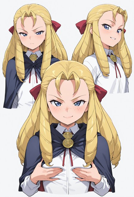 (masterpiece, best quality, newest, absurdres, highres), mnmbcstyle
looking at viewer, three quarter view, simple background, cropped torso, smirk, close-up, grabbing own breast, cape,white shirt,pentacle,
<lora:TFZ_Montmorency Margarita:0.8>montmorency margarita,blonde hair,long hair,drill hair,blue eyes,freckles,hair bow, <lora:mnmbcstyleV1X210:1>