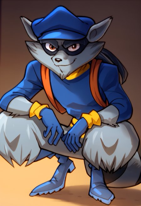 score_9, score_8_up, score_7_up, <lora:SlycooperPony>, 1boy, solo, sly cooper, raccoon boy, raccoon, furry male, furry, grey fur, brown eyes, raccon ears, raccoon tail, blue hat, blue shirt, blue gloves, blue boots, smile, crouching, looking at viewer