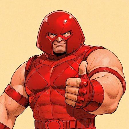 Marvel comics, old comicbook style, black outline, 
masterpiece, absurd res, best quality, newest, very aesthetic, 8k, 2d, comic style, retro, solo male, upper body, RedJug, red outfit, red helmet, looking at viewer, (thumbs up), simple background,