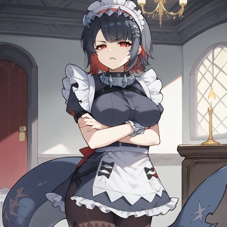 zPDXL,anime artwork score_9,score_8_up,score_7_up,2d,<lora:Blacksouls-PonyXL-1024px-v1.1:0.8>,<lora:anime-detailer-xl:1.5>,<lora:Expressive_H-000001:1>,Expressiveh,(source_anime),raytracing,rating_questionable,rating_safe,
solo,1girl,<lora:ellen_joe_pony:1>,mature female,milf,ellen_joe,medium breasts,
indoors, mansion, dining room, scenery, chandelier, 
maid_headdress,black_dress,wrist_cuffs,puffy_short_sleeves,frilled_dress,black_pantyhose,white_apron,maid apron,hairclip,spiked_collar,
absurdres,mole_under_eye,shark tail,fins,v-shaped_eyebrows,sharp teeth,red eyes,(black hair),gradient hair,red hair,short hair,
cowboy shot,looking at viewer,cute,attractive,
eye contact,standing,crossed arms,arms under breasts,:<,
. anime style,vibrant,studio anime,highly detailed,
