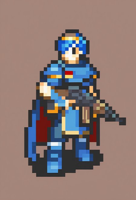 masterpiece, best quality, solo, 1boy,  <lora:FEGBA-Sprites-illus_Fp:1>, simple background, pixel art, full body, marth \(fire emblem\), assault rifle, ak47