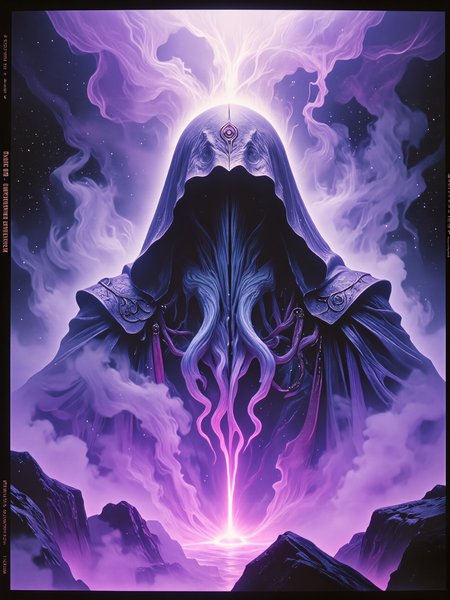 famous artwork,hyper-realistic, award-winning 80s cinematic fantasy movie still, highly aesthetic, gorgeous, stunning, beautiful, high resolution, uhd, 8k, 4k, dramatic, epic, meticulous, accurate, at night, dim lighting, dynamic, the cosmic horror empowers me, an escape from my need to believe, i stare into the vast cold void to conquer, magic vapors, eerie, ethereal, dark corners, eldritch vapors, arcane rune, eldritch magic, formless nightmare, glowing run, foreboding atmosphere, silent horror, harmonizing colors, the color palette is predominantly royal purple and eggshell white and ultramarine blue and bordeaux red and teal and ebony black, lovecraftian, cthulhu mythos, ovg, arsmoviestill, dndgr41nyb0yz style, <lora:image_enhancer-flux-by_dever:0.68> <lora:style-80s_fantasy_movie-v3-flux-by_arsmachina:0.96> <lora:style-dnd_grainyboyz-romulus-flux-by_kimwithdapuss:0.32>