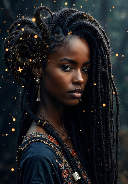 a detailed image of a dark=skinned woman with dark braids and beads, her hair blending seamlessly into a spiraling, fractal-like pattern with detailed skin and detailed skin pores The background glows with star-like particles, giving the impression that she is weaving the cosmos itself with her hair.

translucent veil-like effects that overlay the fractal patterns, giving the background a layered, mysterious look.