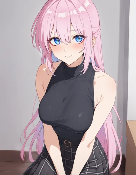 1girl, shikimorisan, pink hair, long hair, blue eyes, hair between eyes, bangs, blush, makeup, smile, breasts, black sweater, bare shoulders, sleeveless, skirt, looking at viewer, masterpiece, best quality   <lora:shikimorisanXLv1:1>