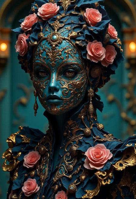 masterpiece, best quality, highres, realistic, best quality,
score_9, score_8_up, score_7_up, 
Detailed. Full body art. 
Surrealism. Abstract. Portrait. digital and analog texture. mysterious woman. Glass mask. elaborate decorations. pink roses. Brown eyes.  Mysterious.  divine attraction. The background setting is a medieval ballroom at night. the moon shines through the windows. The ballroom is lit with candles. surreal, cinematic atmosphere. timeless beauty. Elegance. midjourney_whisper_avant_couture, abstract, ff-surreal