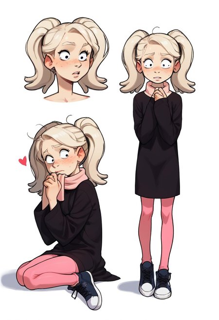 score_9, score_8_up, score_7_up, score_6_up, score_5_up, score_4_up, conceptart,multiple views,white background,simple background,<lora:concept:1>,
1girl, solo,long hair, platinum blonde hair, long twin pigtails, red freckles, black eyes, oversized black dress, sleeves covering hands, light pink scarf, salmon pink tights, black sneakers,
<lora:princess_xl_v1:0.7>, <lora:Expressive_H:0.6>, <lora:incase-ilff-v3-4:0.5>, <lora:MysticalPlantPenetratorPDXL:0.5>, <lora:Twintails_Marra_v1:>
