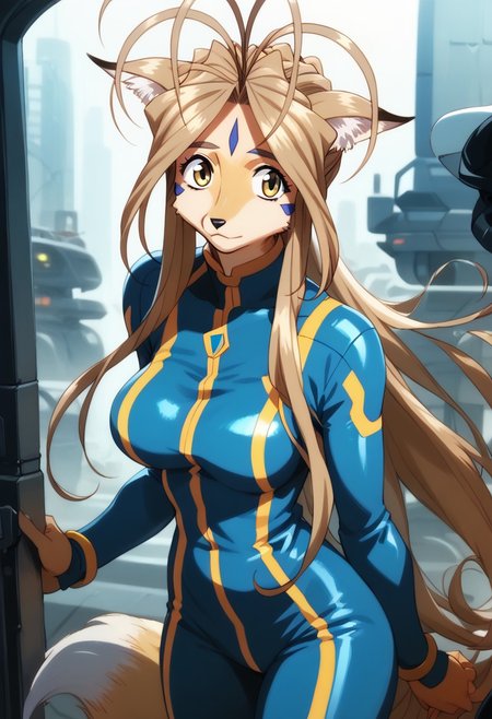 Expressiveh, negative_hand, score_9, score_8_up, score_7_up, belldandy as an (anthro fox),long oval face, short snout, two toned fur, large fox ears, fox tail, animal nose, yellow fur, white facial fur, tan hair, long hair, parted bangs, gold eyes, white triangle forehead gem, large breasts, skintight bodysuit, futuristic bodysuit, standing at attention,