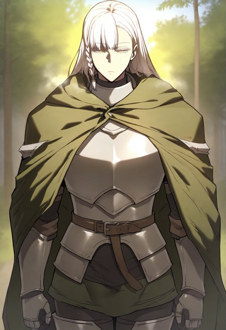 score_9, score_8_up, score_7_up, score_6_up, source_anime, rating_explicit, 1girl, solo, huge breasts, <lora:Justia prefectPonyxl:1> long hair, white hair, side braid, yellow eyes, single braid, colored eyelashes, armor, cape, green cloak, plate armor, breastplate, belt, gauntlets, expressionless, Narrow shoulders, heavy breathing, steaming body, forest, outdoors, standing, looking at viewer