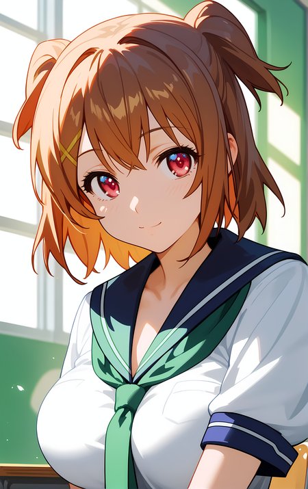 (score_9, score_8_up, score_7_up), 1girl, window, sunlight, classroom,
leaning forward, looking at viewer, closed mouth, light smile, tight clothes, close-up,
ohwx, 1girl, solo, breasts, brown_hair, large_breasts, short_hair, two_side_up, pink_eyes, red_eyes, school uniform,
<lora:kushiya_inaho_pony_ss:1>