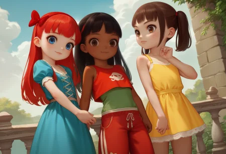 score_9, score_8_up, score_7_up, score_6_up, rating_safe, source_cartoon, scenery, standing, 3girls, smile, looking at viewer, group portrait,

BREAK Ariel, Blue eyes, red long hair, hair bow, hair band, blue dress, corset,
BREAK Princess Jasmine, black long hair, ponytail, dark skin, red tube top, red harem pants, 
BREAK Belle /(Beauty and the beast/), makeup, yellow dress, bare shoulders, cleavage, gloves, brown hair bun, tiara,

 <lora:age_slider_v4:-10>